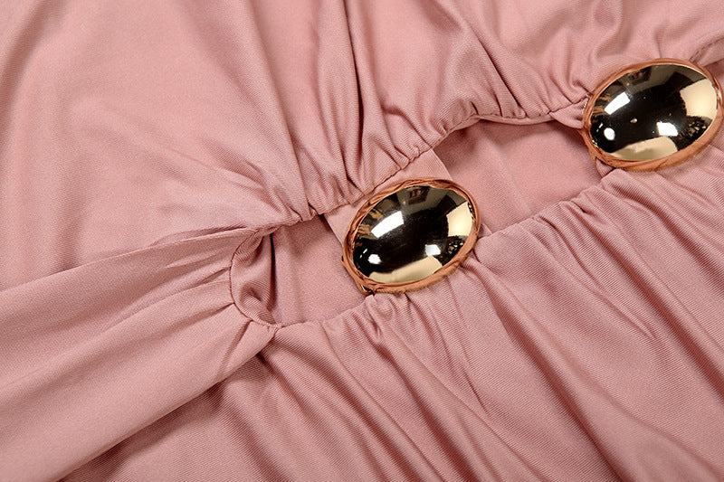 Autumn Winter Women's Sexy Halter Neck Low Back Fashion Metal Decorative Button Bodycon Dress 12