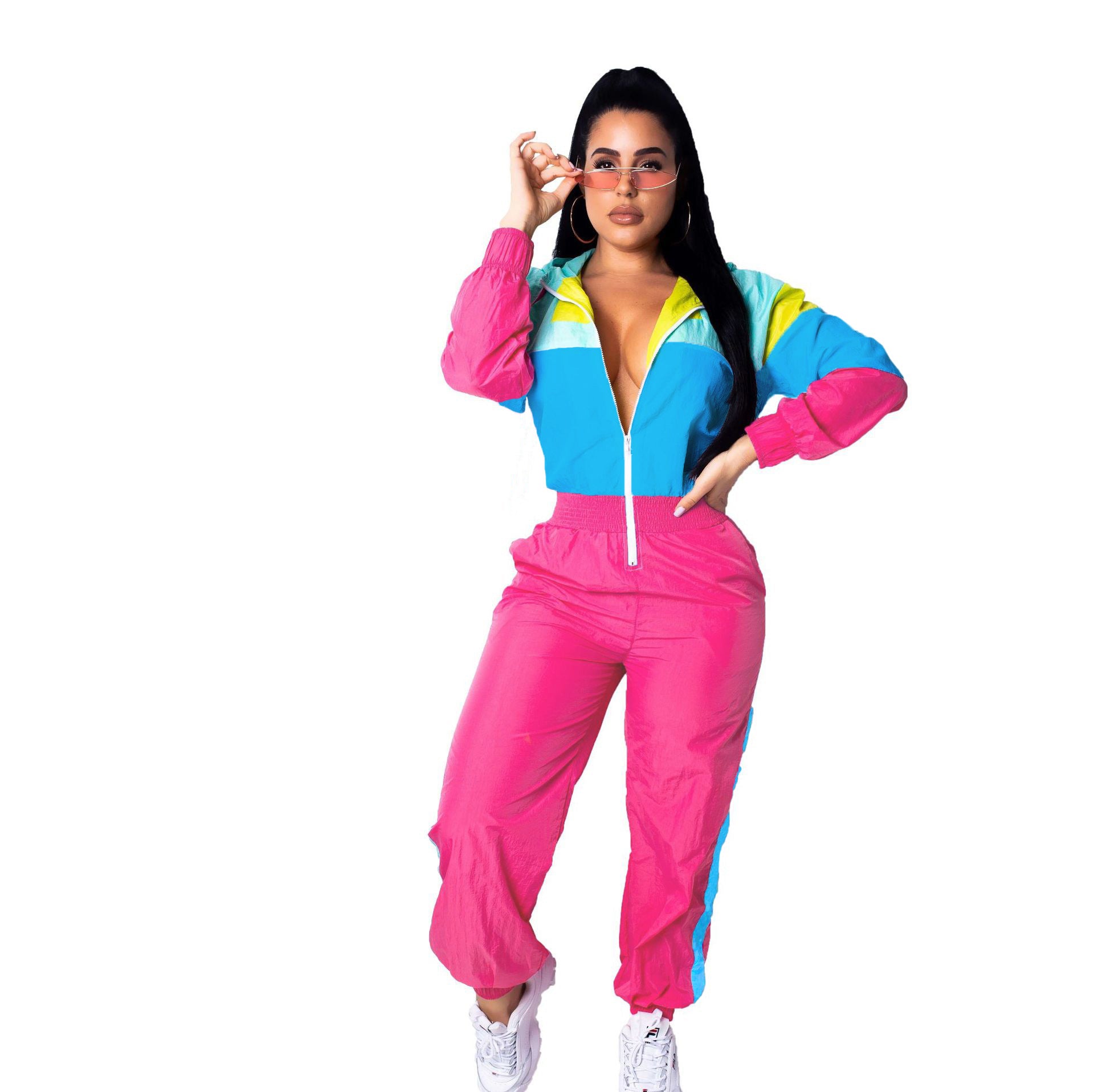 Women patchwork contrast color zipper jumpsuit 3