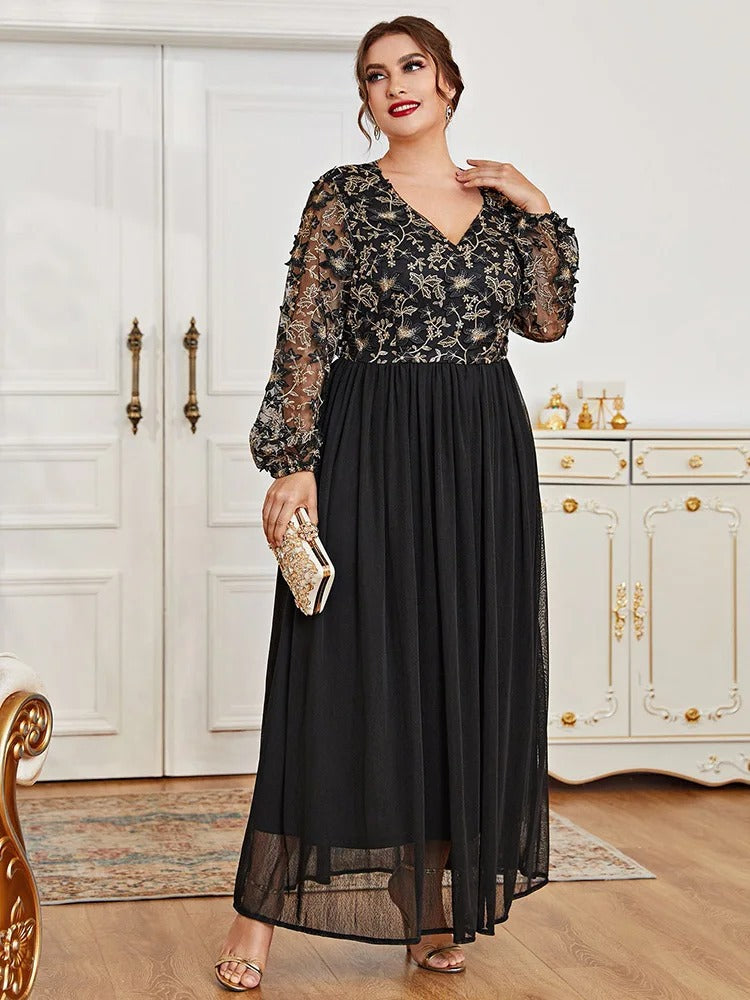 Plus Size V Neck Patchwork Long Sleeve Maxi Dress 6