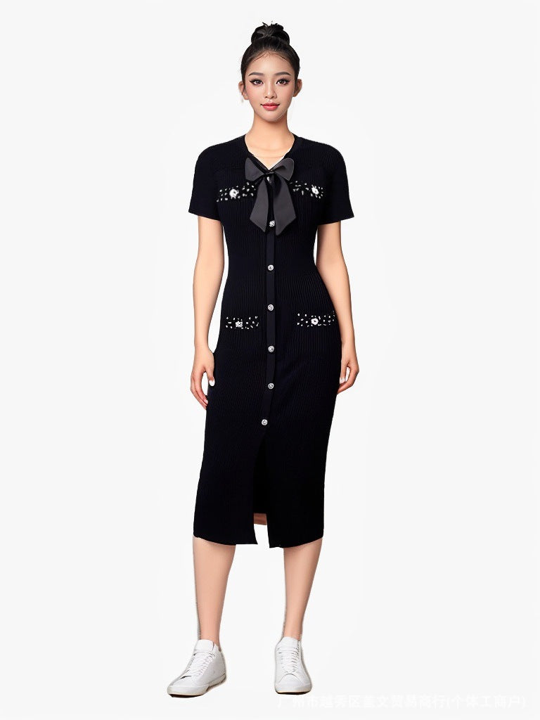 Women French V Neck Bow Short Sleeve Beaded Button Knitting Slit Dress 7