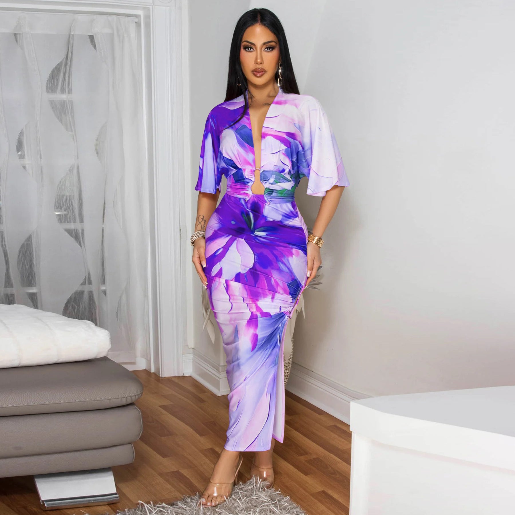 Summer Sexy Printed V Neck Top Side Slit Long Skirt Two Piece Set 56