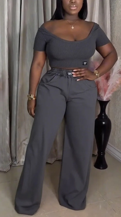 Summer Women's Solid Color Round Neck Short Sleeve Top Casual Pants Set 5