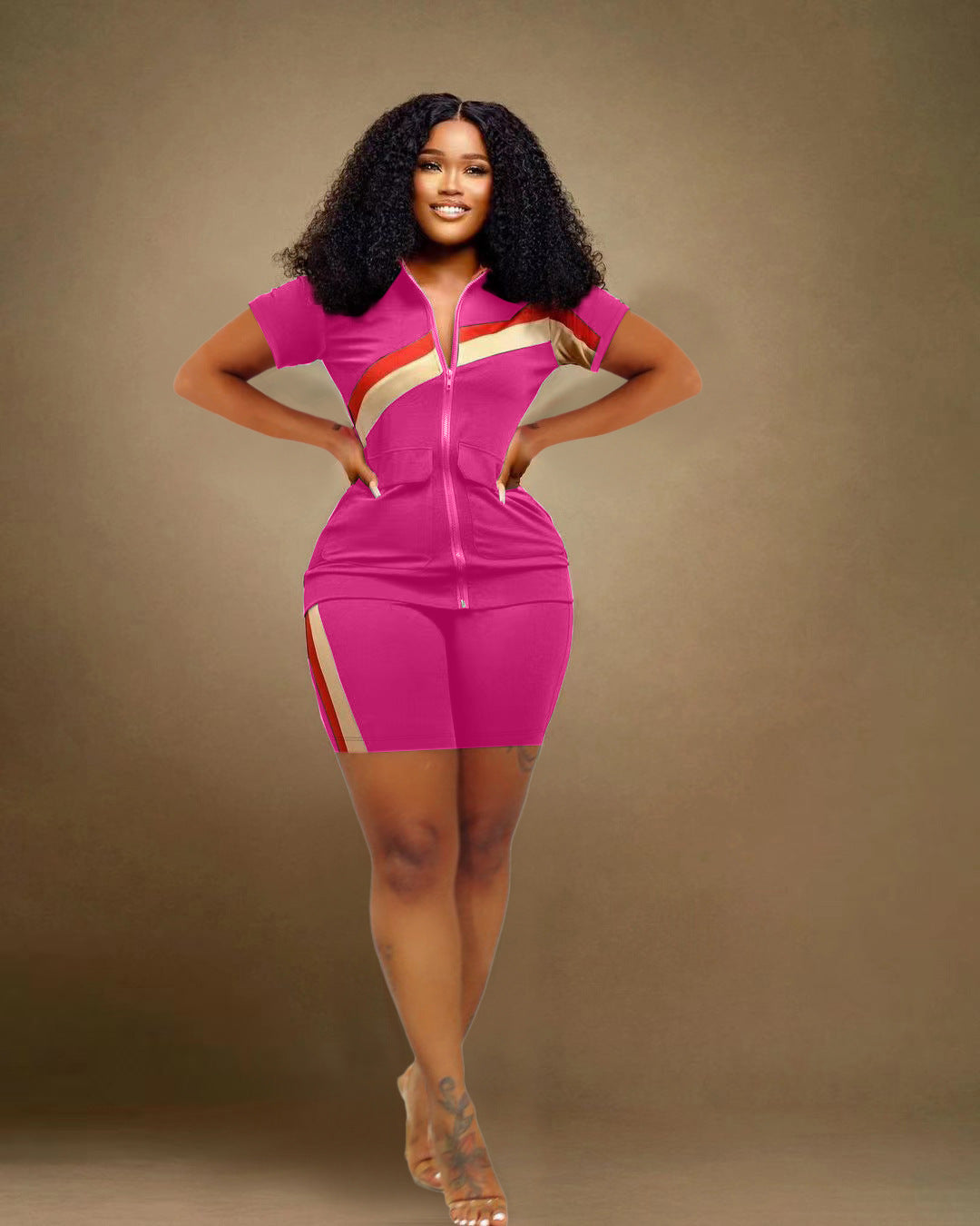 Women's Sports Casual Fashion Zip Pocket Top Shorts Two-Piece Set 7