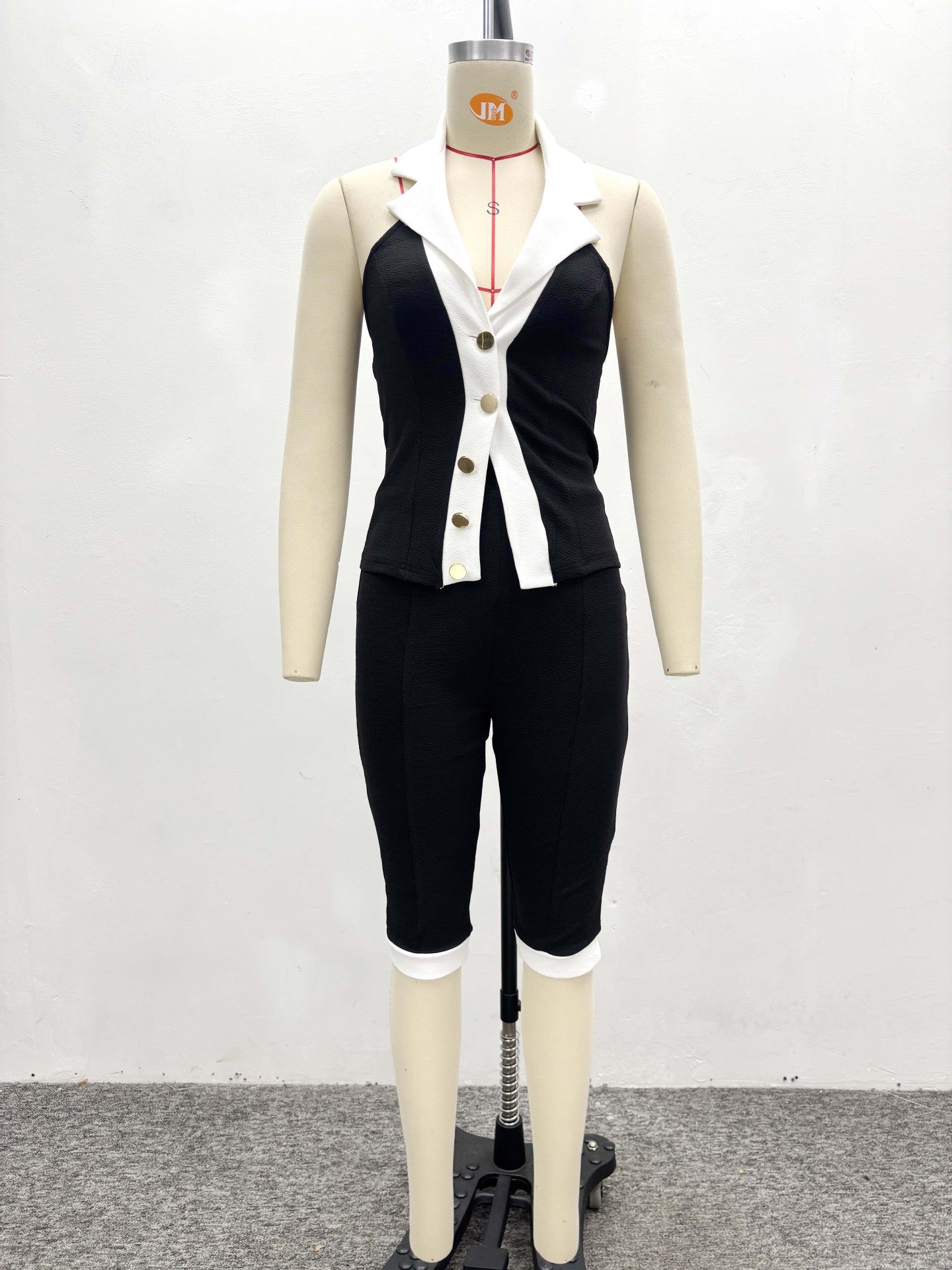 Women Sleeveless Contrast Cardigan Vest Top and Shorts Two-piece Set 7