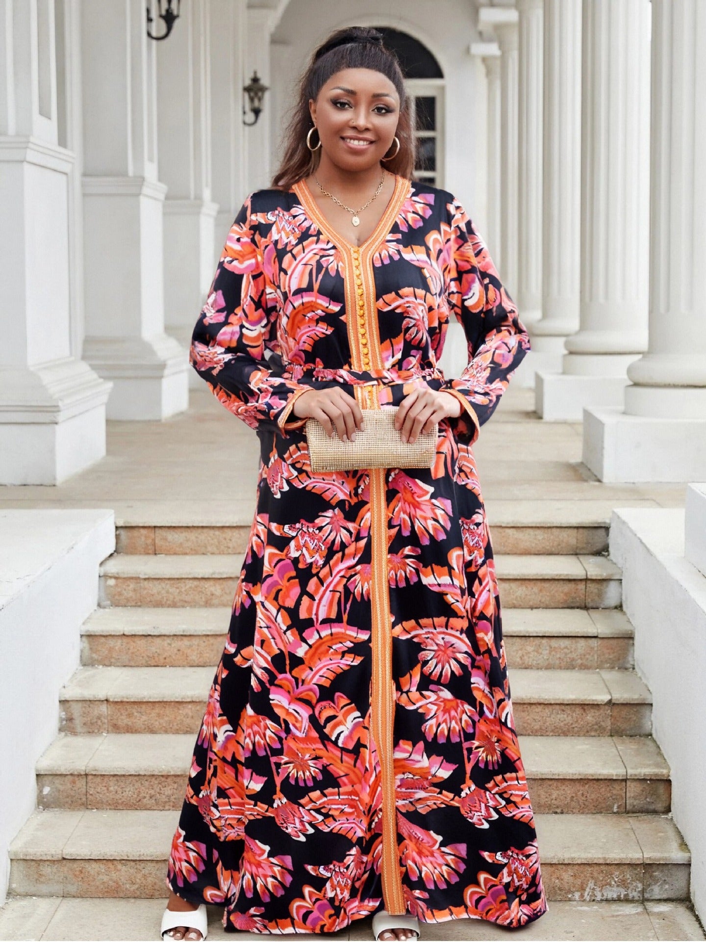 Plus Size Women's Loose Lace Embroidery Chiffon Print Evening Dress 7