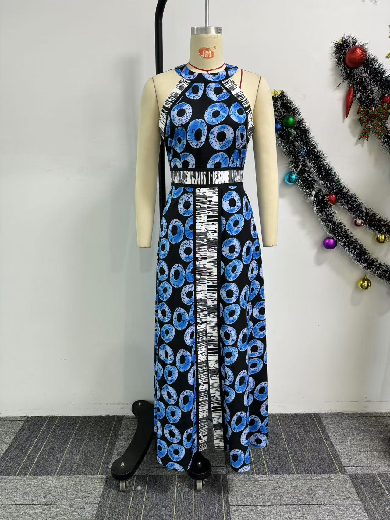 Printed Slim Waist Slit A-line Dress 6