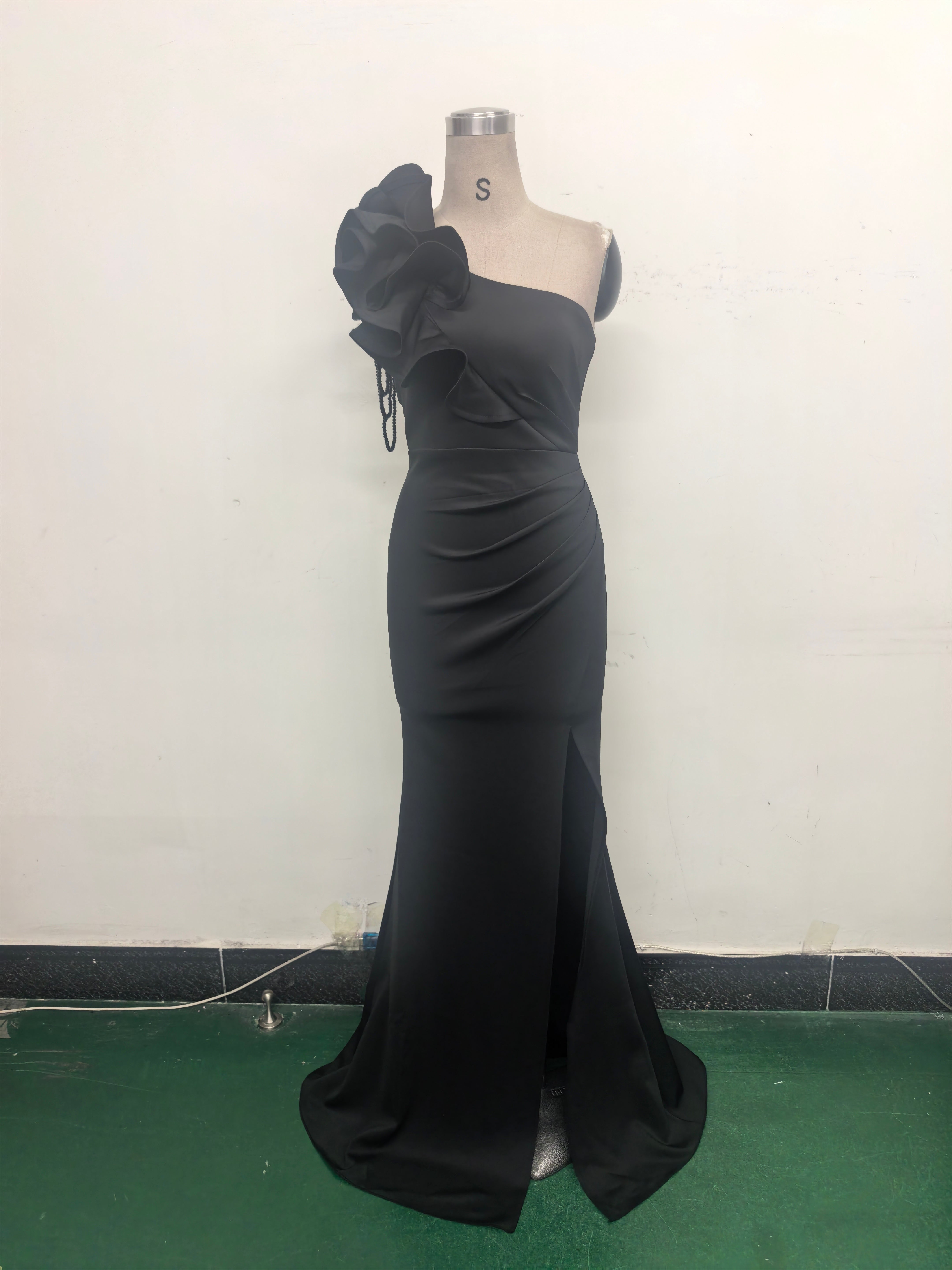 Women One-Shoulder Beaded Wool and Floral Satin Slit Sexy Evening Dress 30