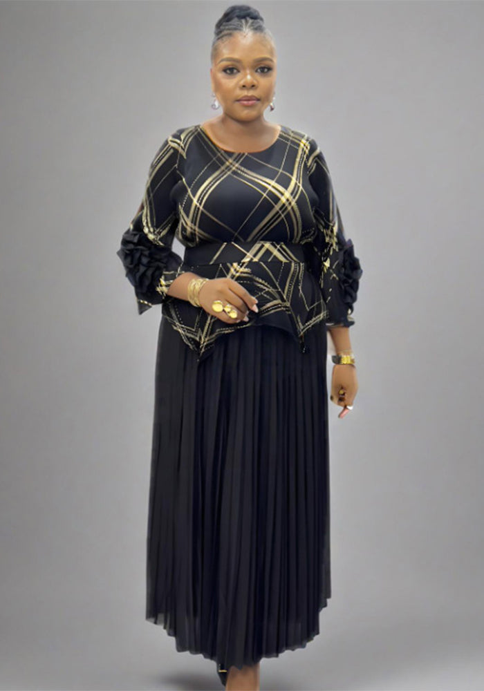 Plus Size Women Pleated Hand-Shaped Flower Irregular Shiny Print Maxi Dress