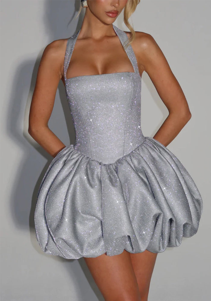 Trendy Casual Summer Halter Neck Bow Tie Puff Dress