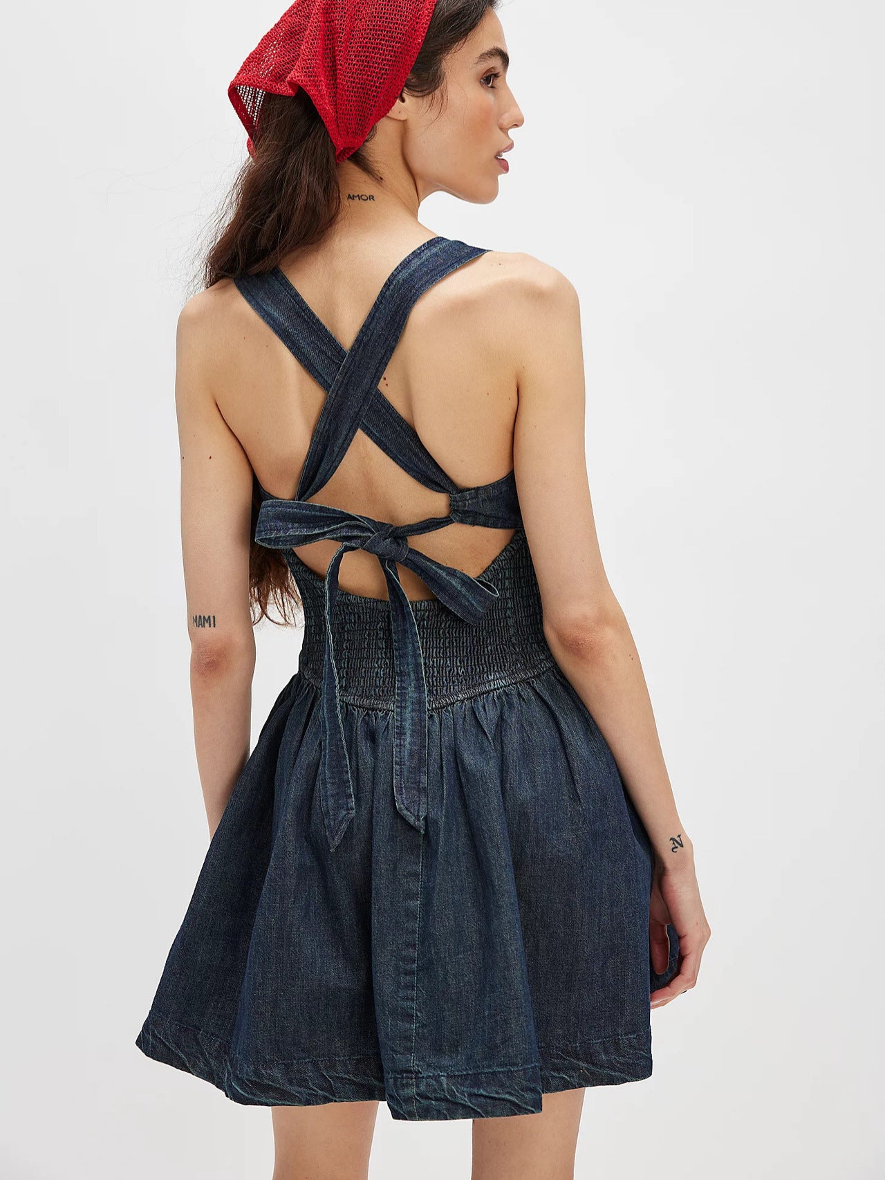 Women Summer Solid Backless Denim Dress 9