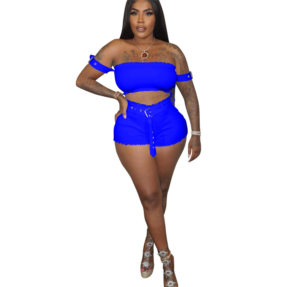 Women's Solid Color Off Shoulder Ribbed Crop Two-Piece Shorts Set with Belt 6