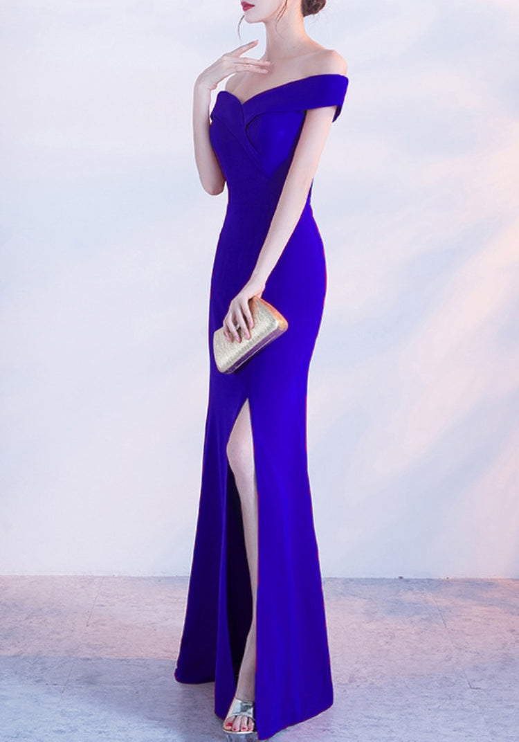 Women Summer Blue Formal Off Shoulder High Slit Mermaid Evening Dress 3