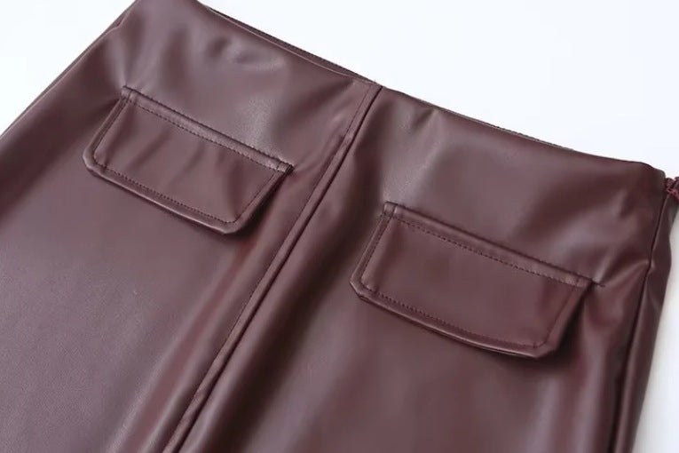 Women's Turndown Collar Button Pu Jacket Mini Skirt Two-Piece Set 16