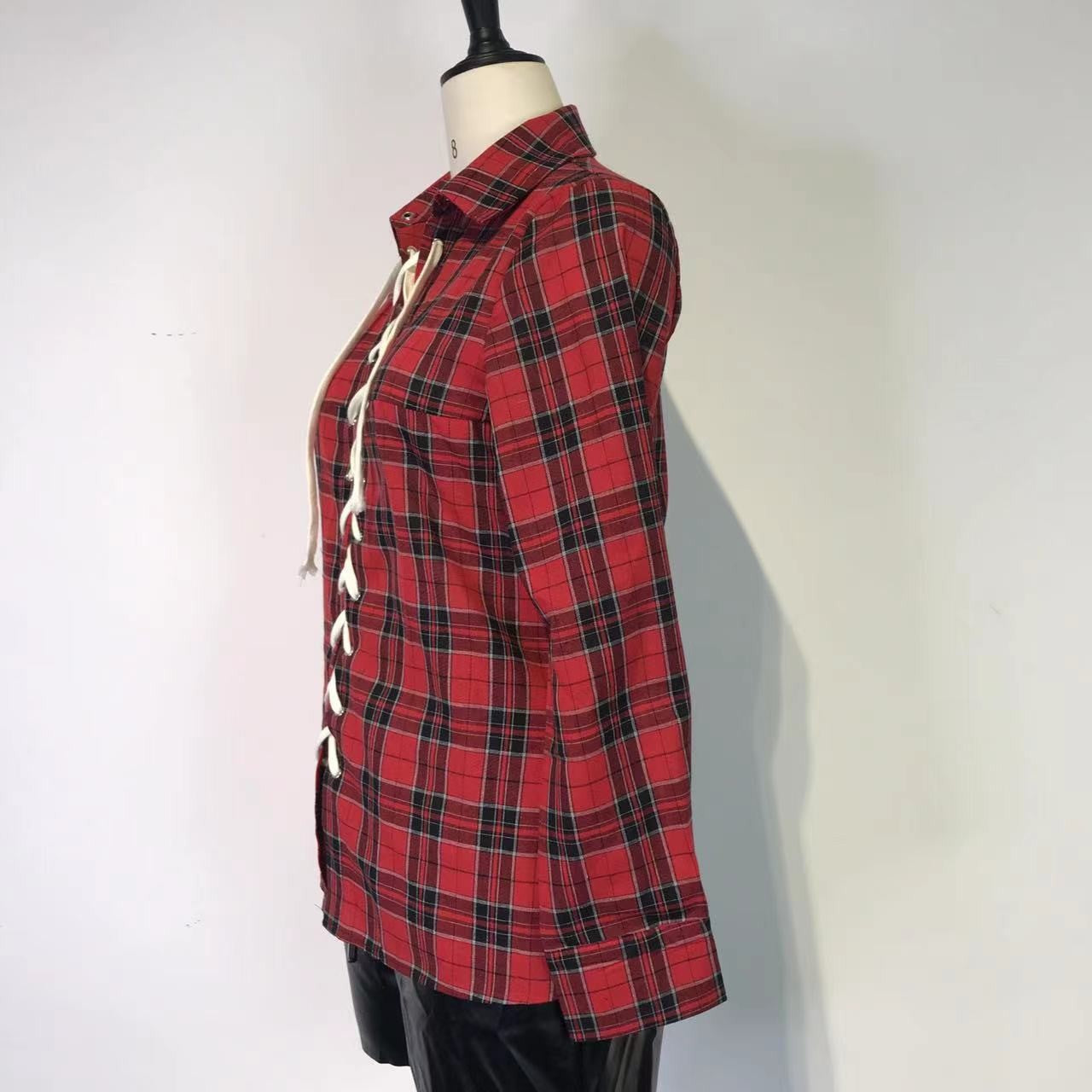 Women Casual Sexy Plaid Long-Sleeve Lace-Up Shirt 13