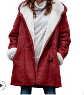 Winter solid color Casual button cardigan warm hooded women's coat 16