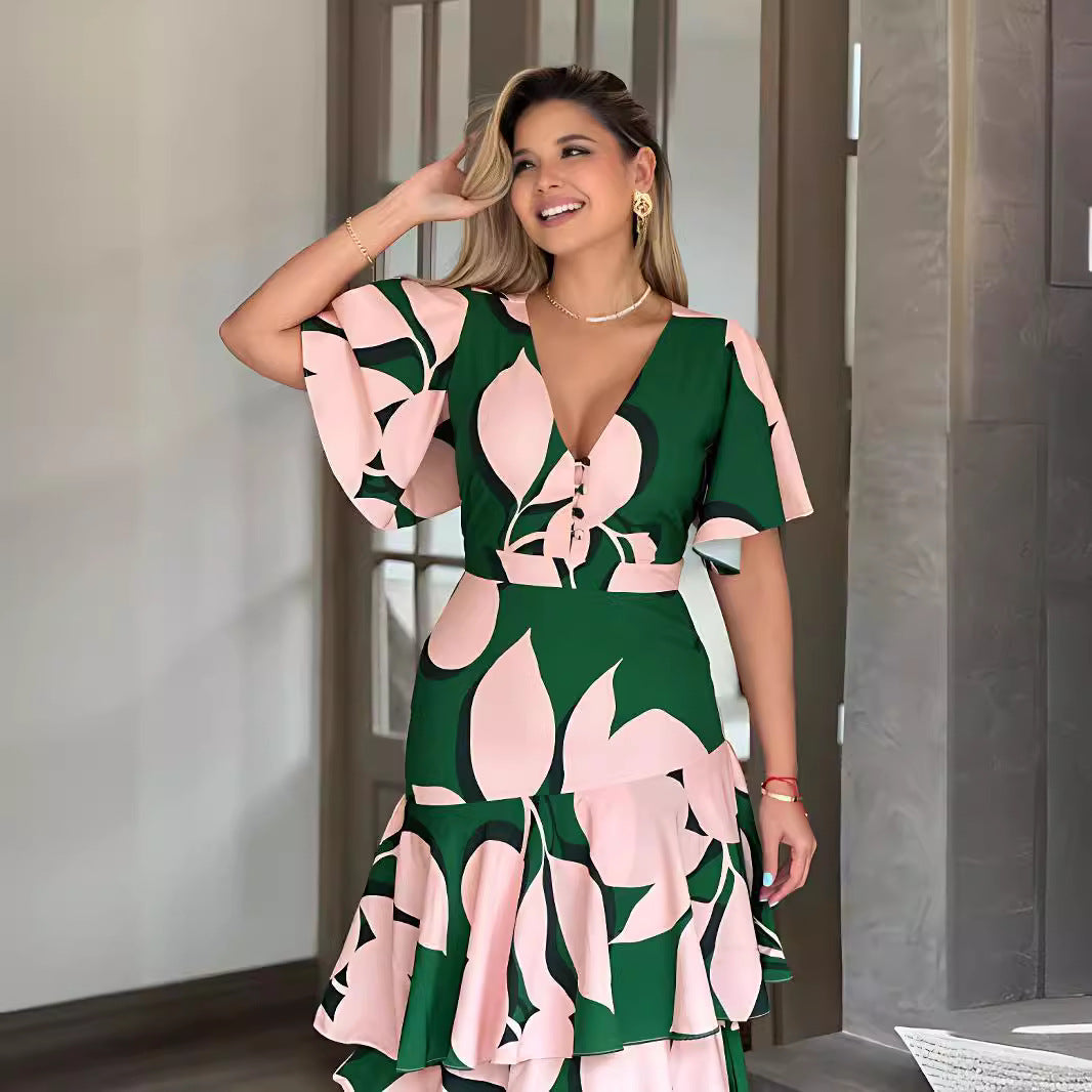 Women Casual Dress V-Neck Button Design Irregular Cascading Ruffles Dress