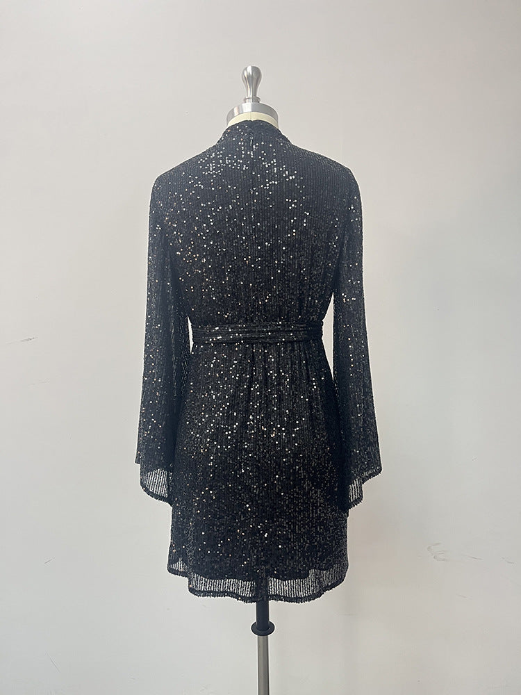Women Turtleneck Bell Bottom Sleeve Sequined Black Cocktail Dress 8