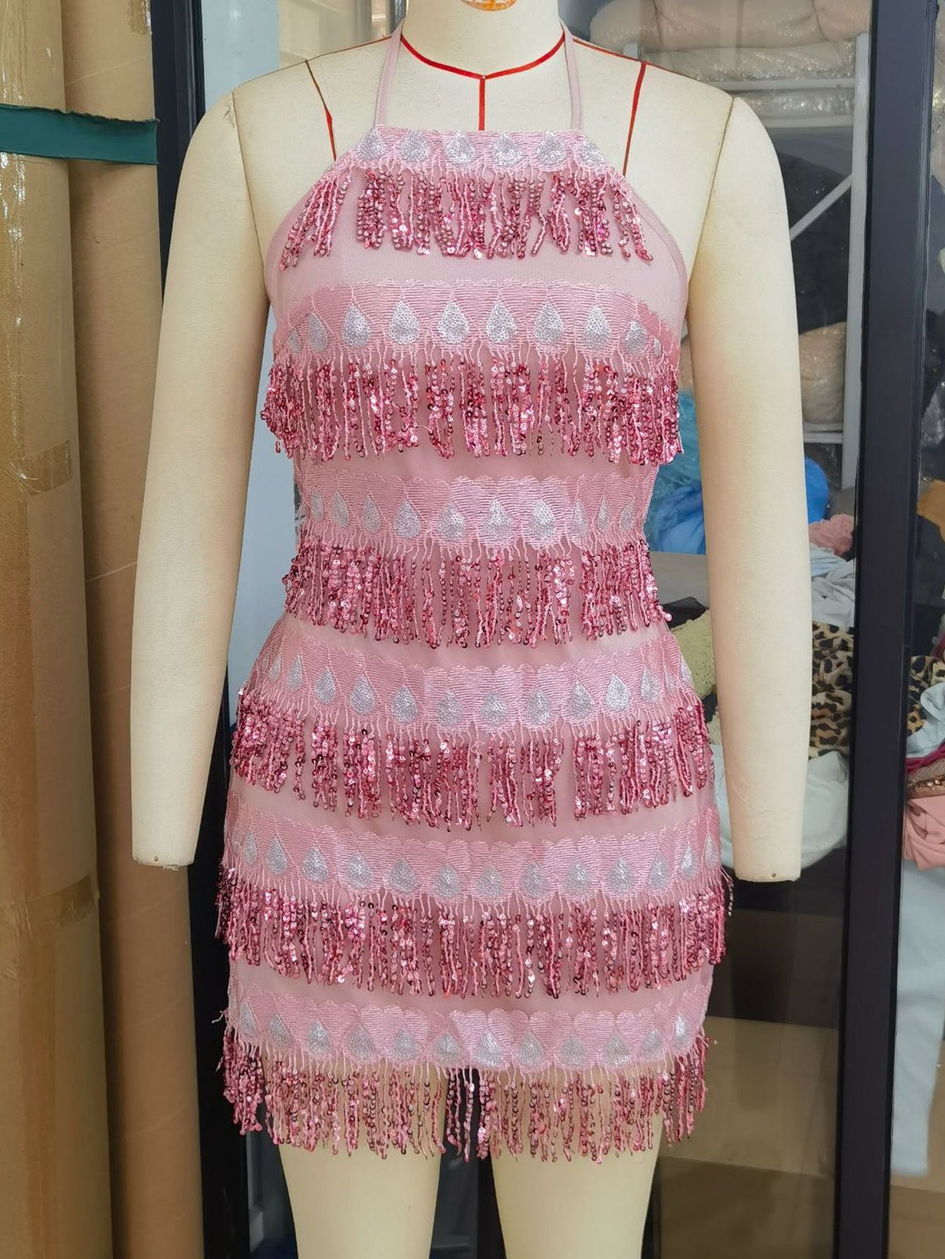 Women Sexy Backless Pink Sequined Dress 4