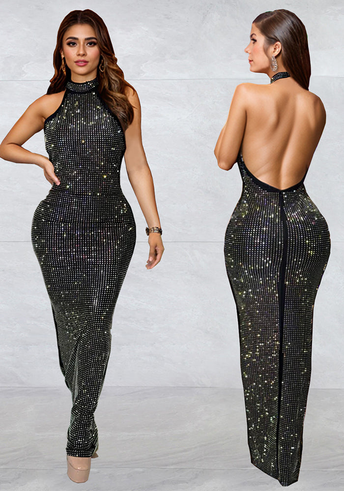 Fashionable Women's Beaded Slim Low Back Sexy Dress