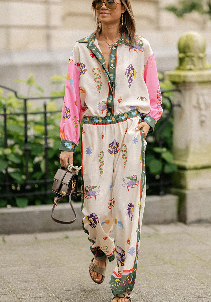 Spring And Autumn Long Sleeve Pocket Print Shirt Pants Loose Casual Two-Piece Suit For Women