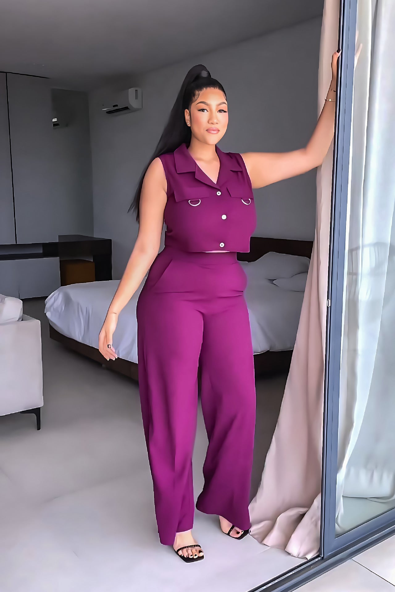 Solid turndown Collar Vest Casual High Waist Straight Leg Trousers Two-Piece Set 6