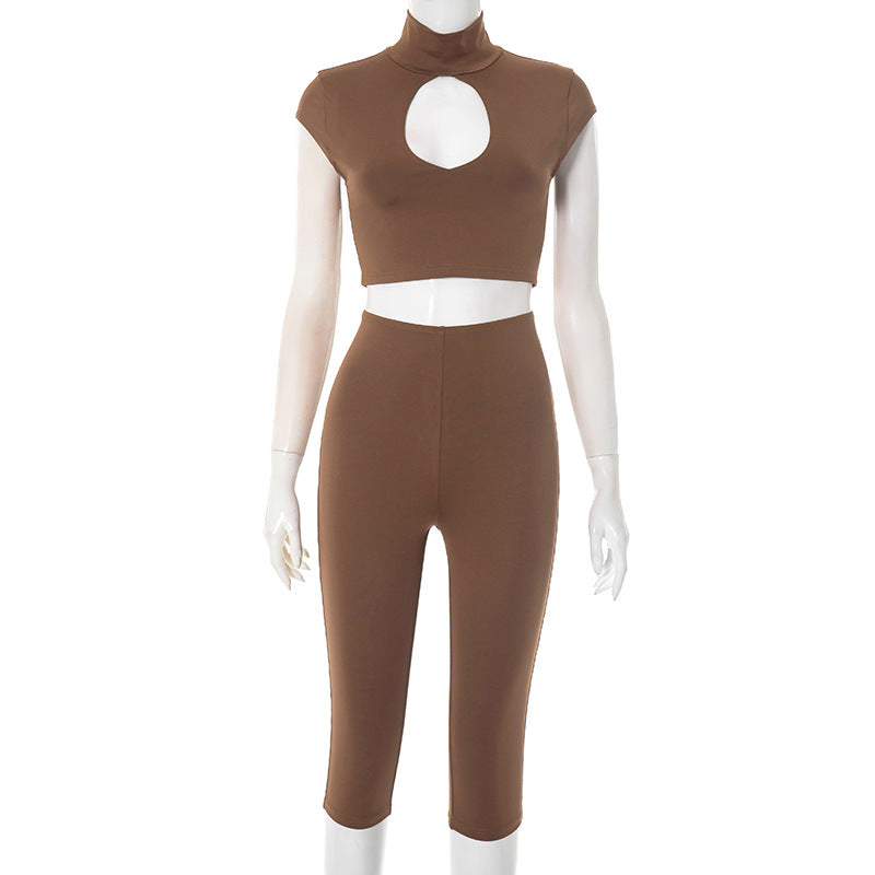 Women's Semi-High Round Neck Front Cut-Out Short Sleeve Crop Top Tight Fitting Cropped Pants Set 7