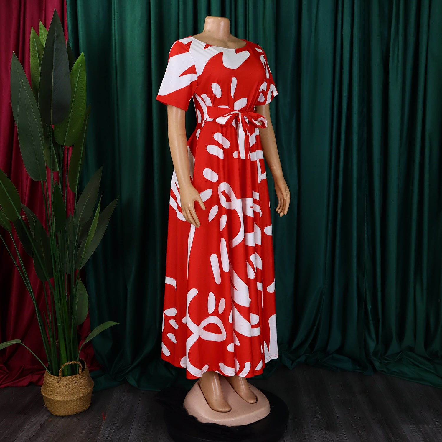 Women's Fashion Chic Tie-Waist African Plus Size Short Sleeve A-Line Dress 35