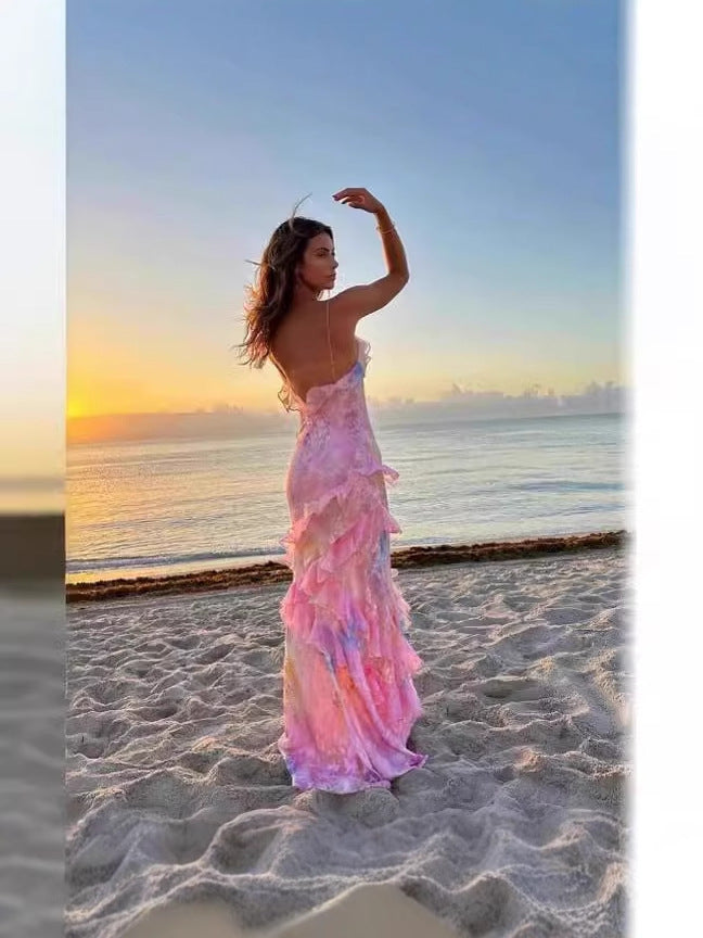 Women Printed Sexy Suspender Backless Lace-up Irregular Dress 5