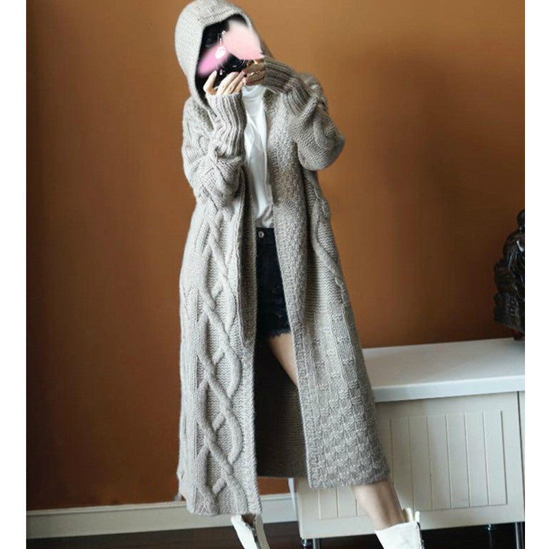 Women Long Loose Cardigan Hooded Twisted Sweater Coat 3