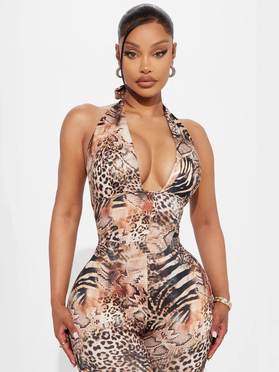 Women Summer V Neck Contrast Halter Neck Lace-Up Backless Leopard Print Jumpsuit 3