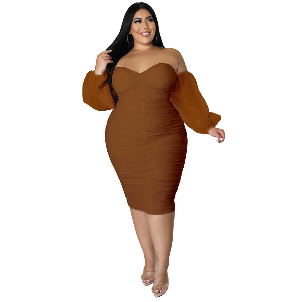 Plus Size Women Mesh Pleated Long Sleeve Dress 12