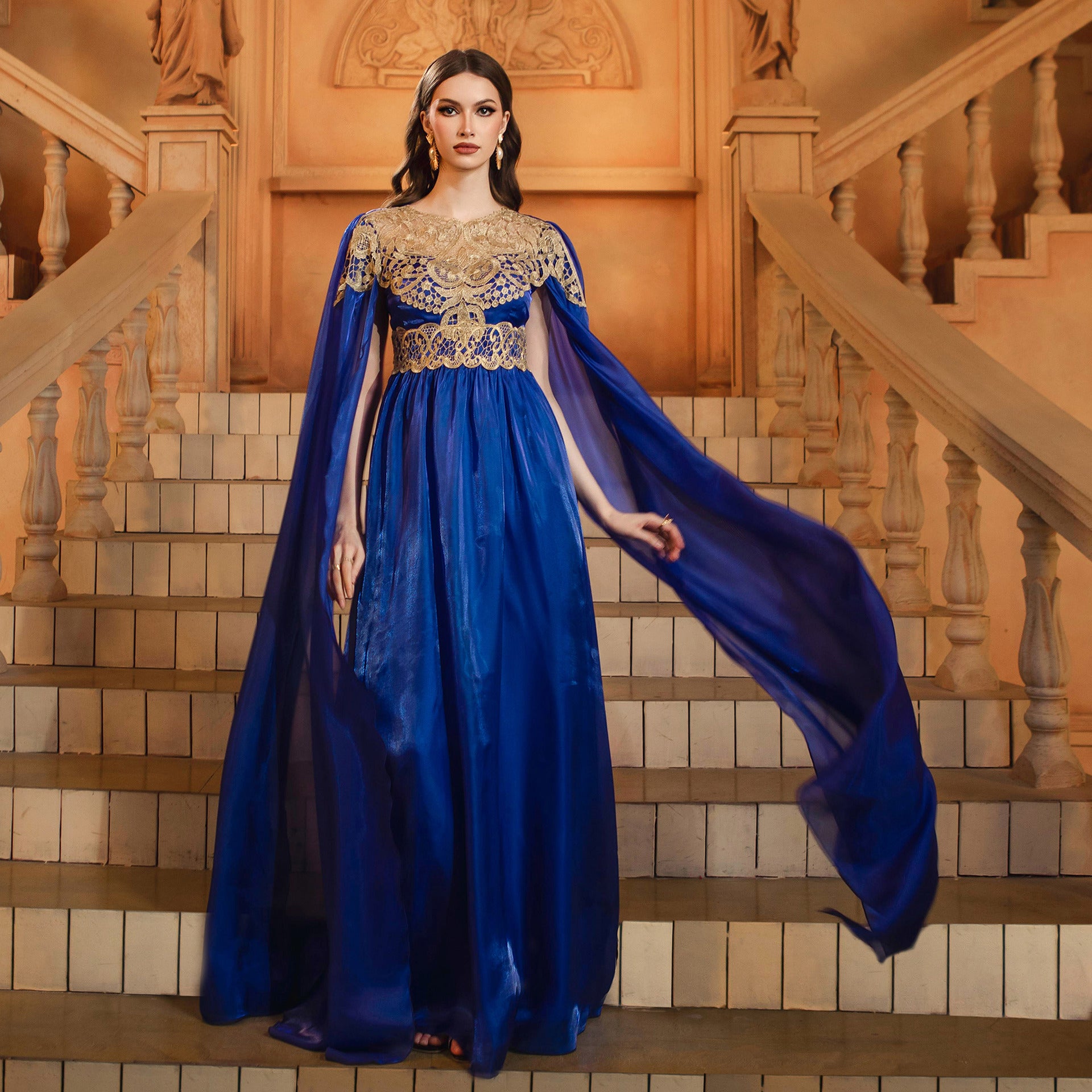 Women long sleeve Round Neck lace Formal Party evening dress 3