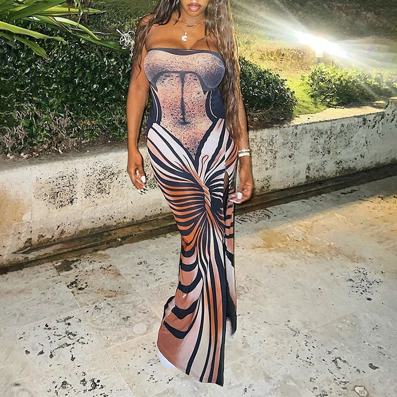 Women sexy Strapless Backless Print Maxi Dress 5