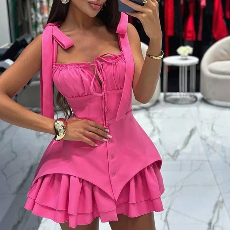 Women Beach Holidays Suspender Lace-Up Waist Solid Dress 5