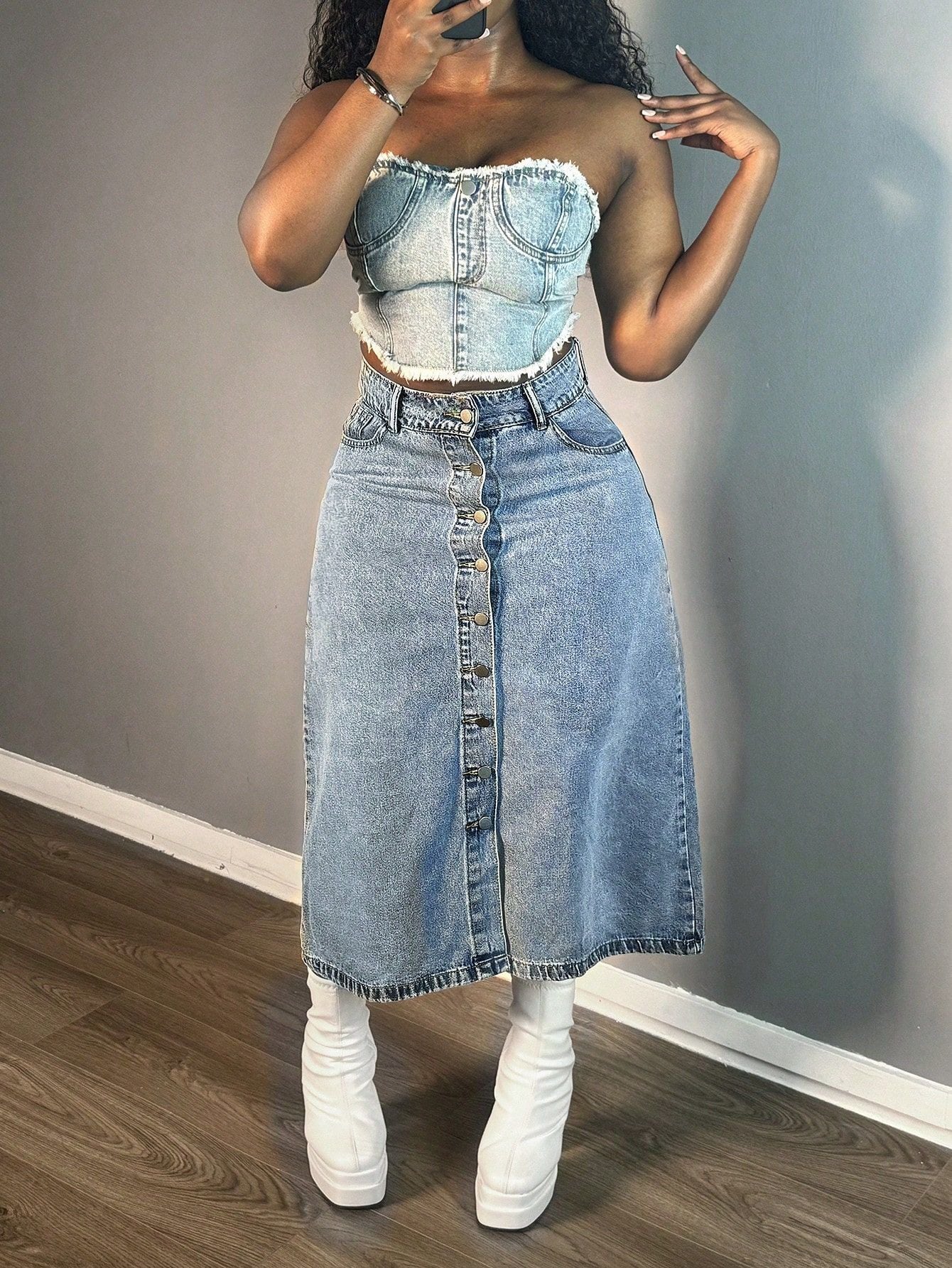 Women Buttoned Denim Skirt