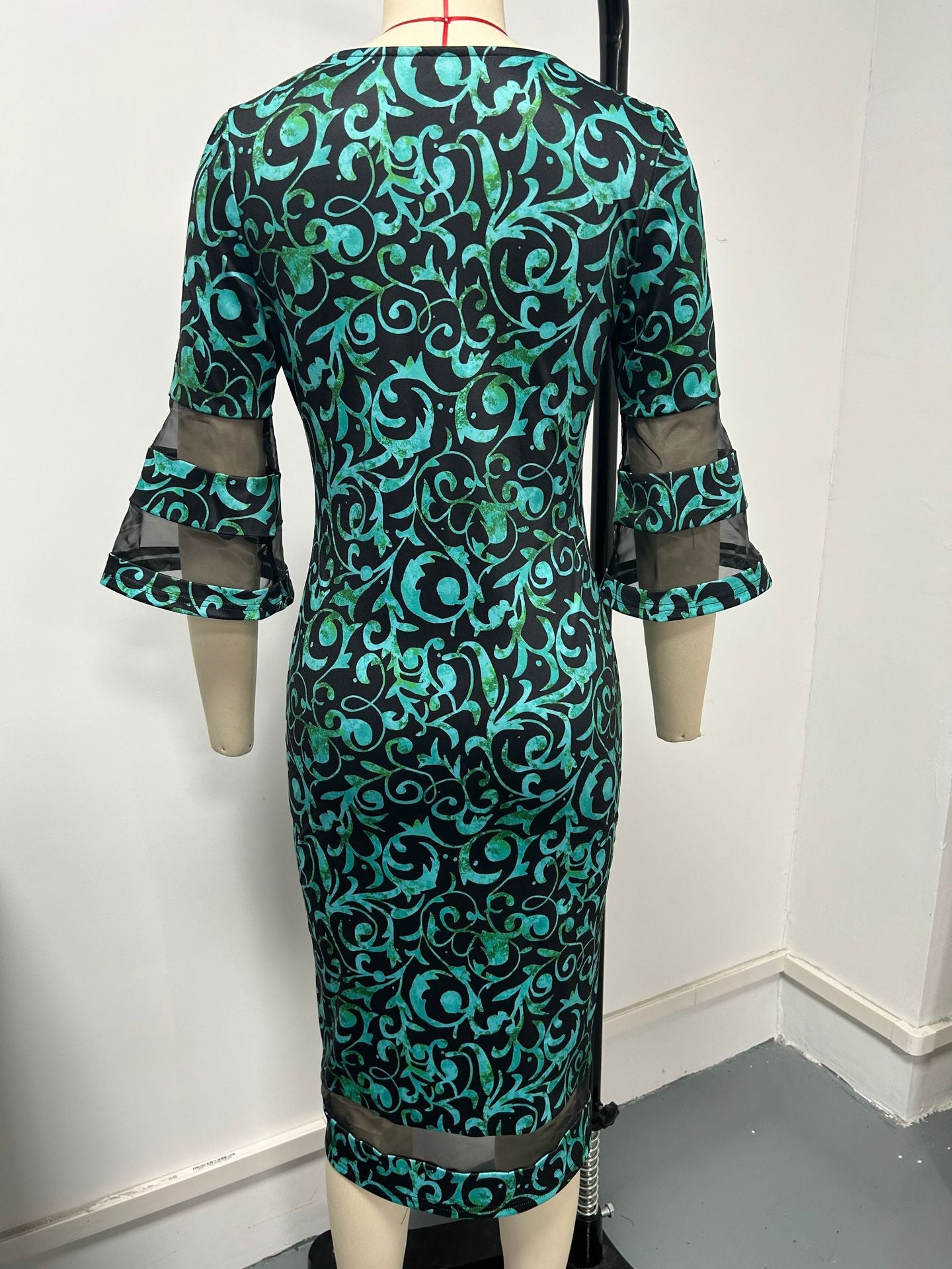 Women Print Bell Bottom Sleeve V-neck Chic Mesh Patchwork Bodycon Dress 11