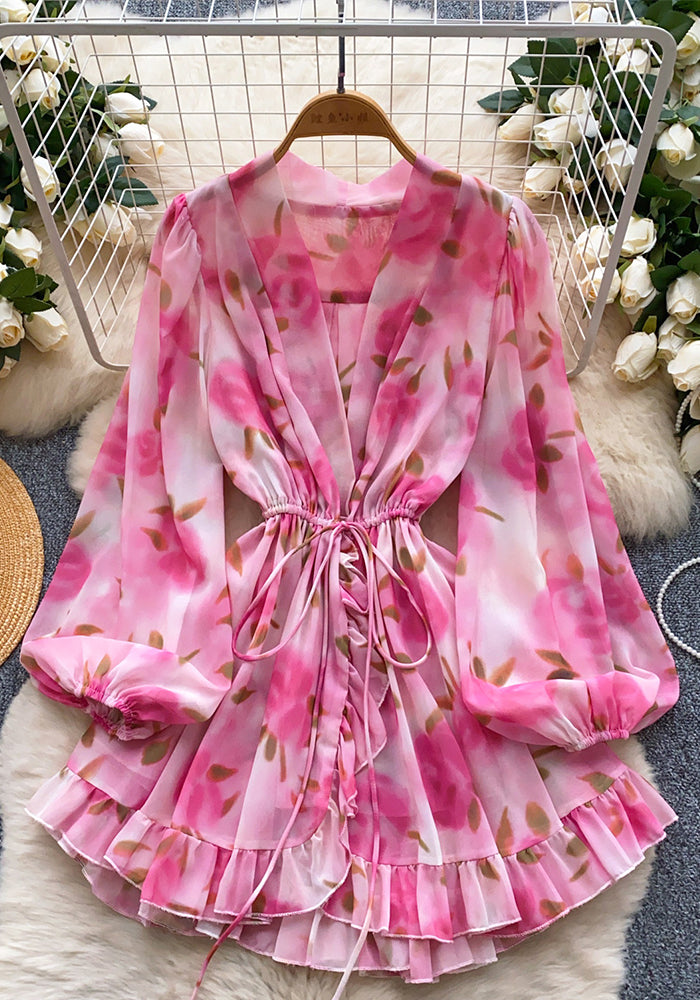 Holidays Style Women's Lace Up Slim Waist V neck Lantern Sleeve Ruffled Floral Short Dress