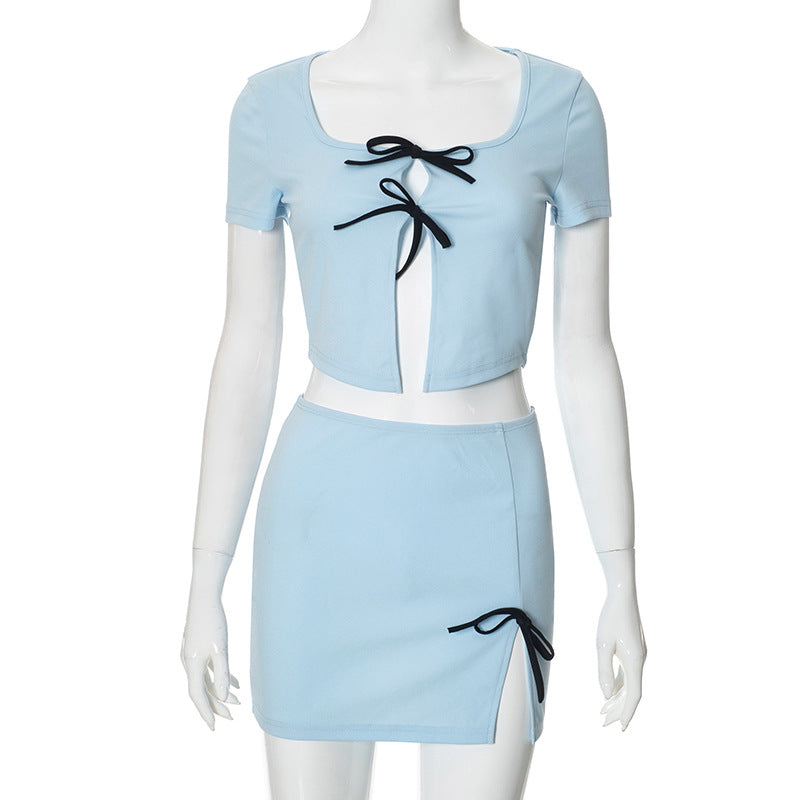 Women Spring Bowknot Hollow Crop Top and Skirt Two Piece Set 10