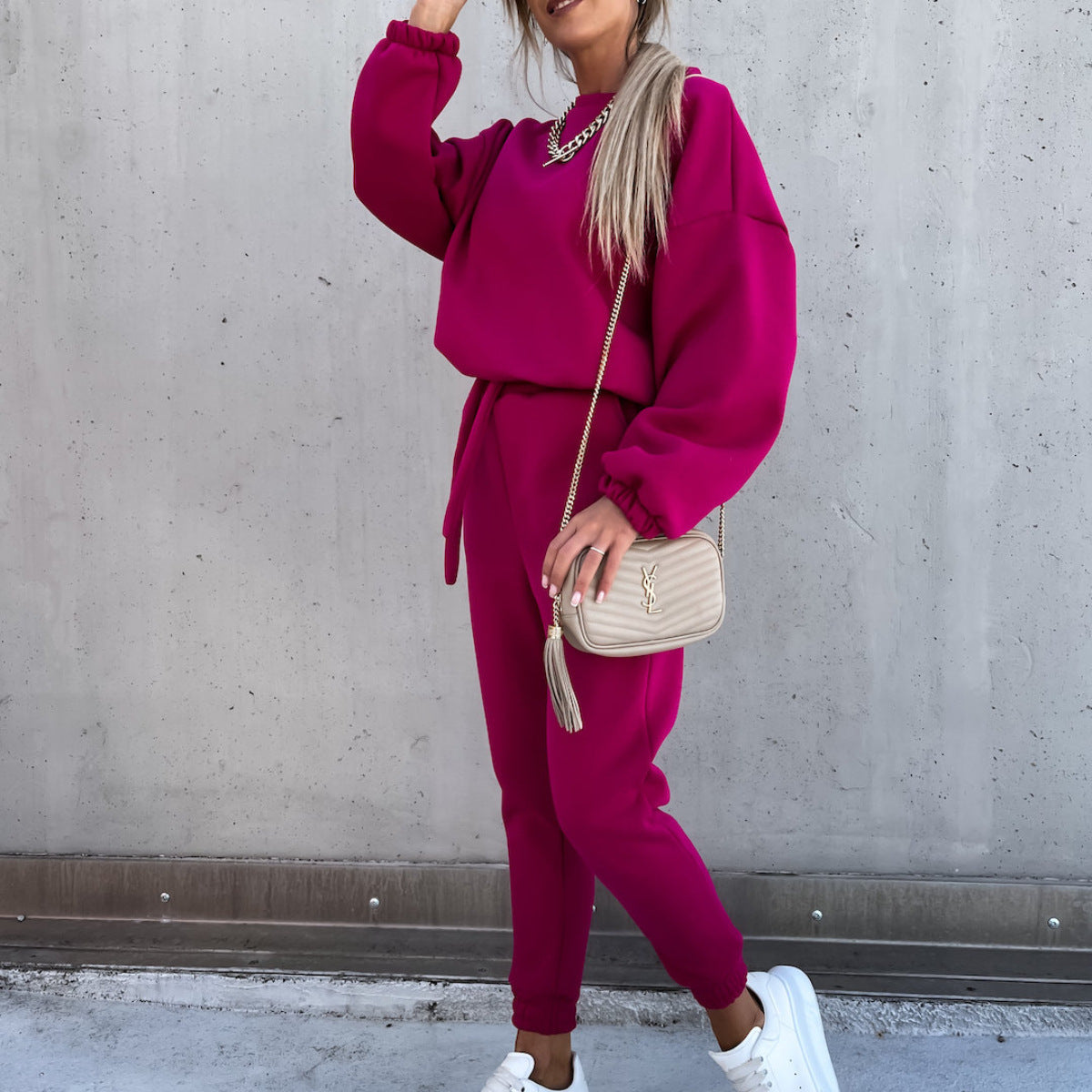 Women Casual Solid Hoodies and Pants Two-piece Set 16