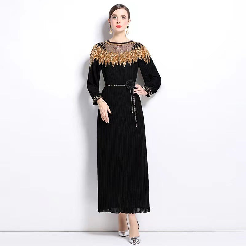Beaded Chic Lantern Sleeve Pleated Dress 9
