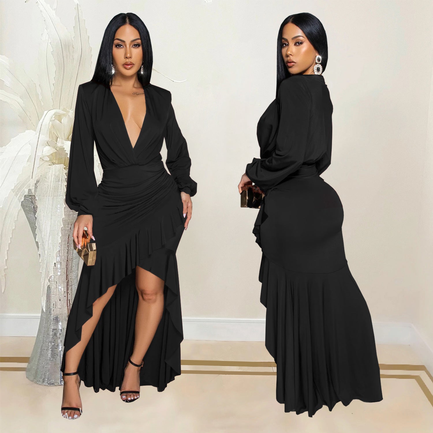 Women Elegant V-neck Slit Long Sleeve Solid Dress
