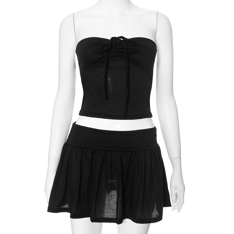 Women's Summer Strapless Low Back Ruffled Casual Two Piece Skirt Set 11