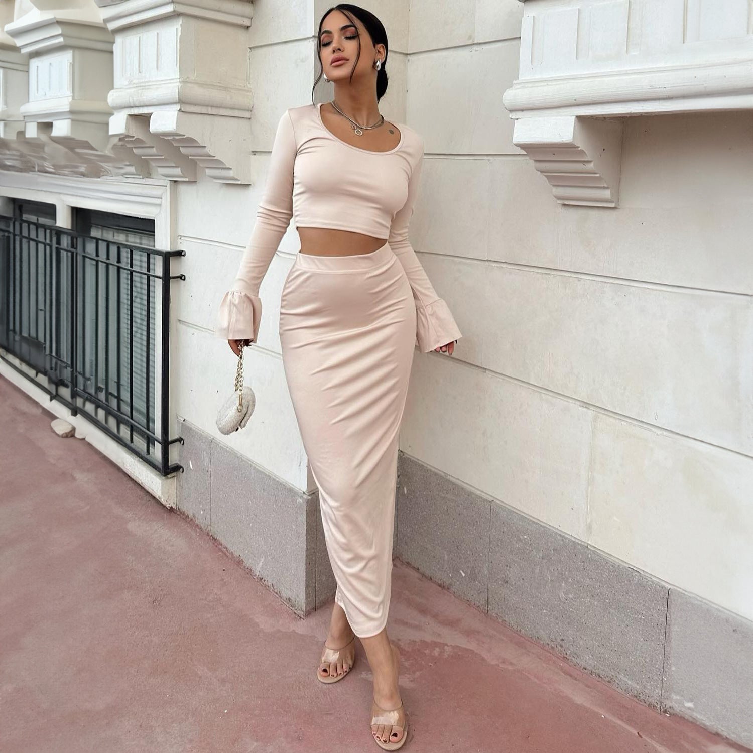 Spring Autumn Long-Sleeved Short Top Solid Color Slim Skirt Fashion Sexy Women's Two Piece Set 4