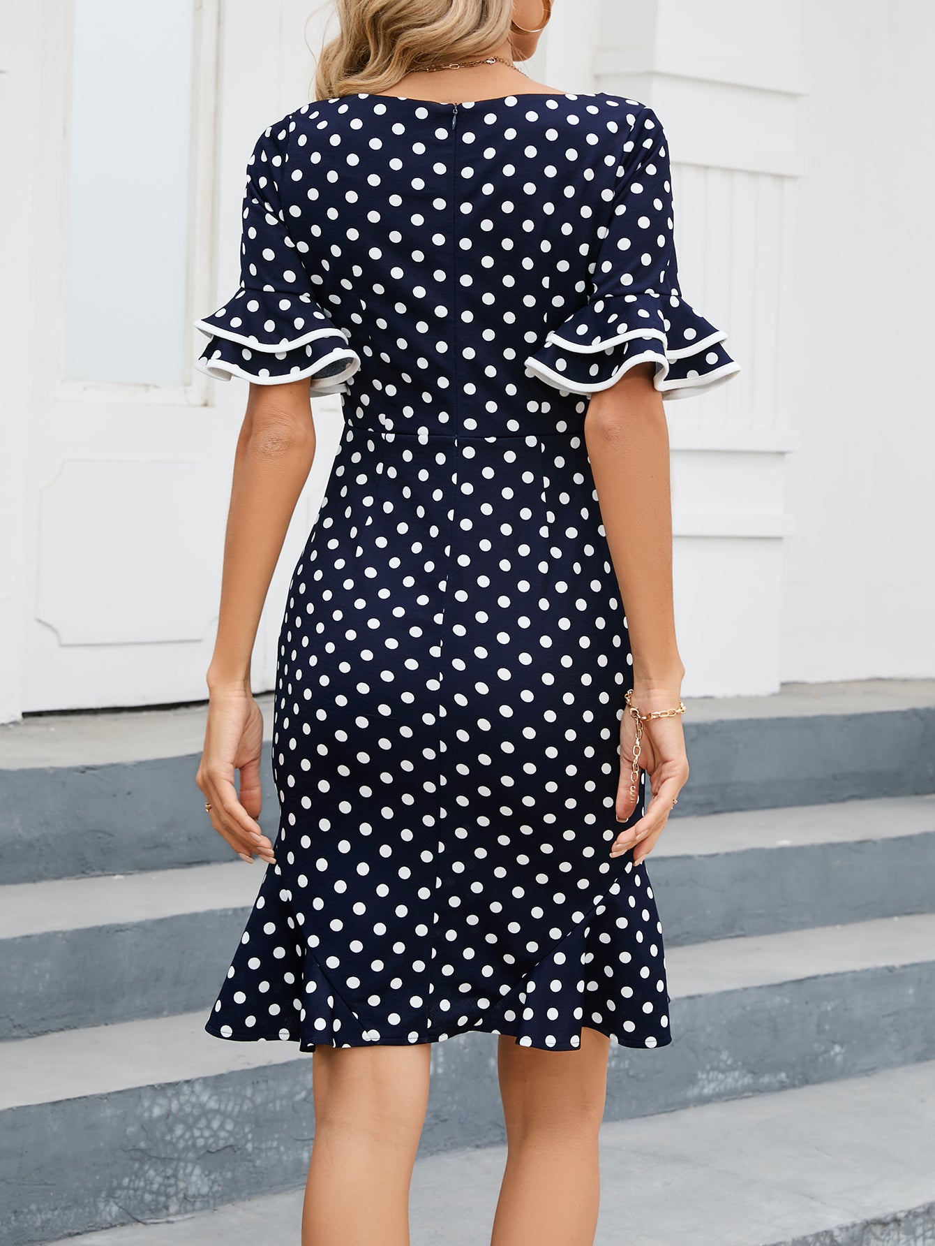 Fashion Elegant Career Ruffle Sleeve Polka Dot Fishtail Dress