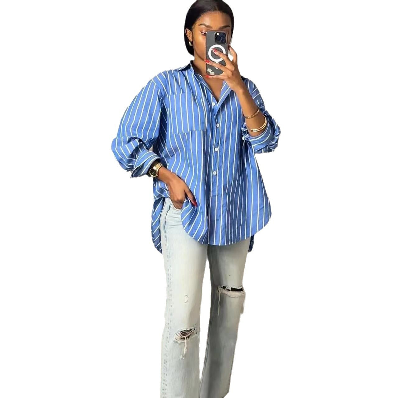 Spring Casual Blue And White Striped Career Loose Shirt 6