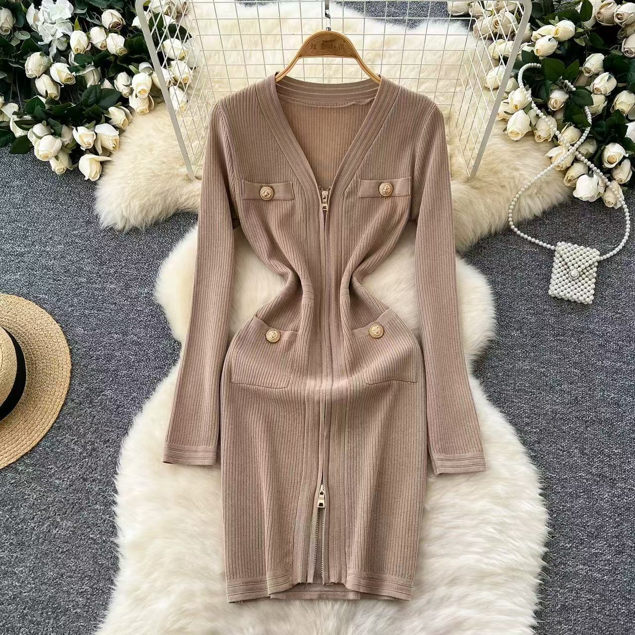 Sexy V-Neck Zipper Long Sleeve Dress Autumn Metal Button Slim Waist Knitting Sweater Dress 6