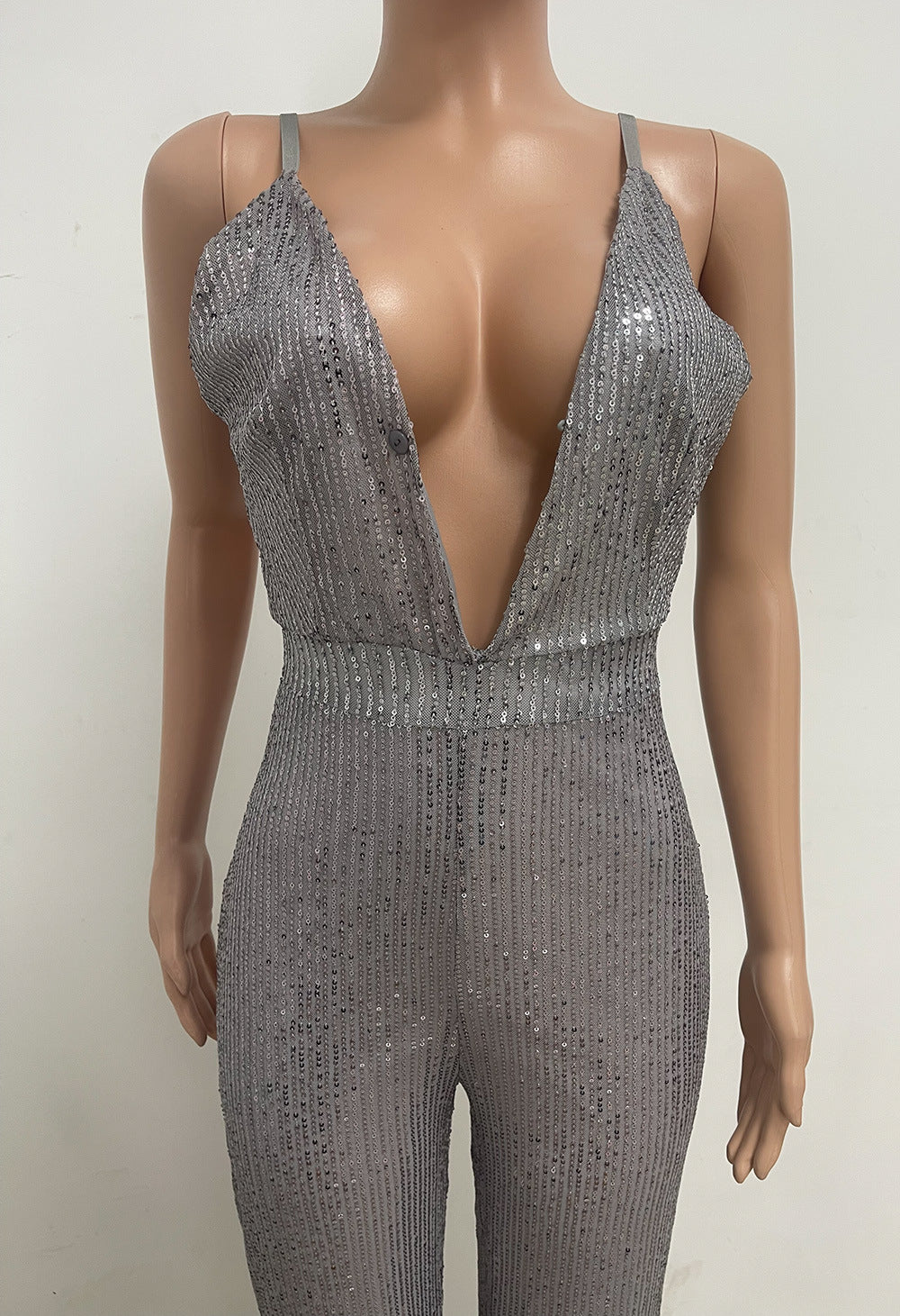 Deep V Neck Low Back Sleeveless Chic Sequined Straps Elegant Women's Party Jumpsuit 123
