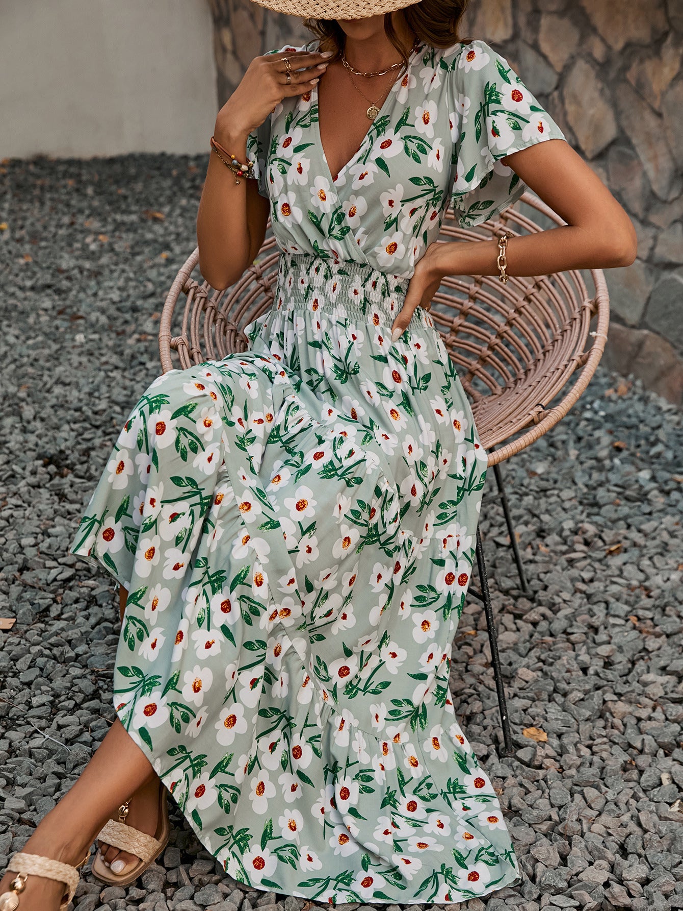 Women Summer V Neck Short Sleeve Printed Dress 5