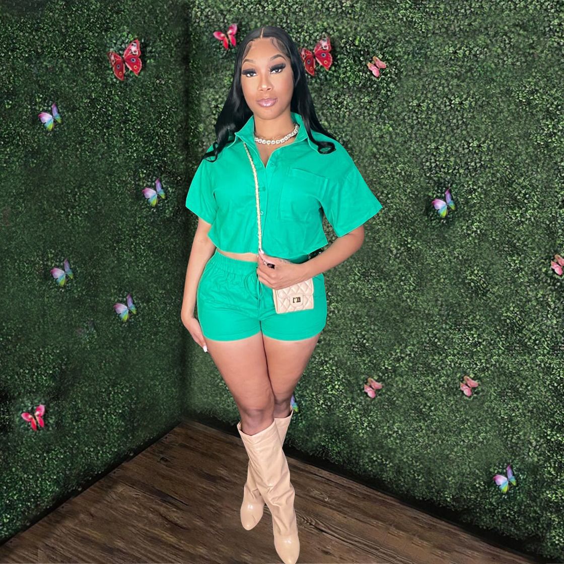 Ladies Short Sleeve Shirt Set Elastic Pocket Shorts Two-Piece Set 11