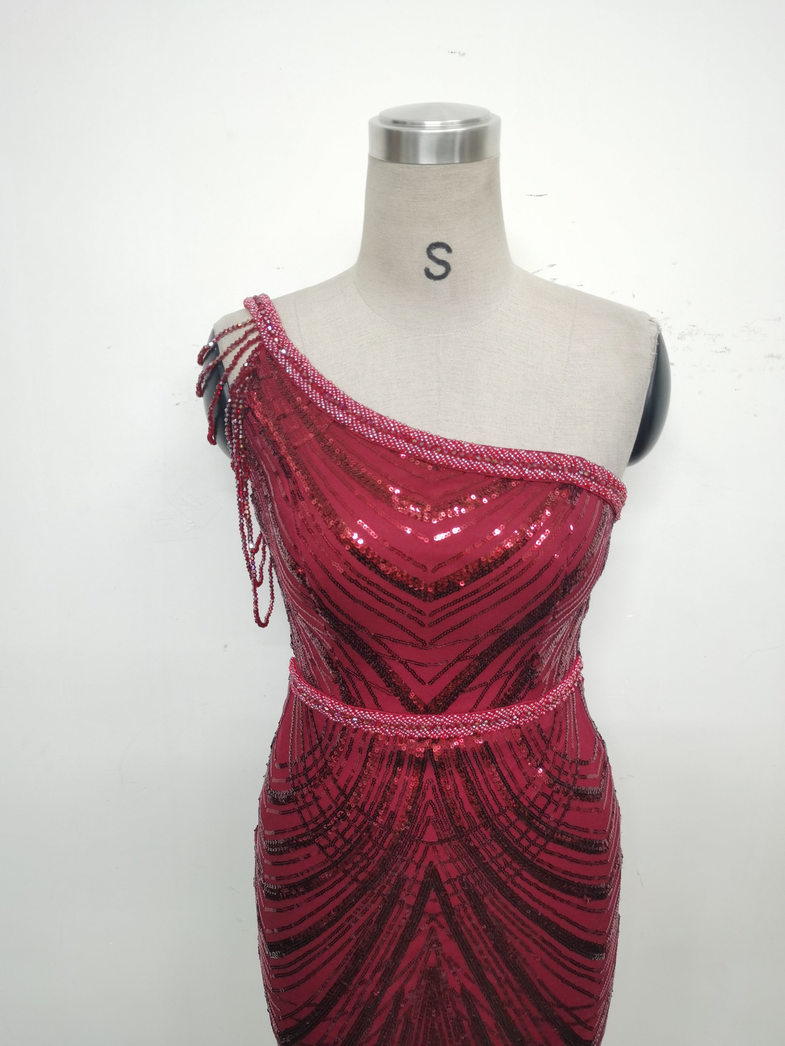 Women Flower Sequin Beaded One-shoulder Slash Shoulder Split Evening Dress 27